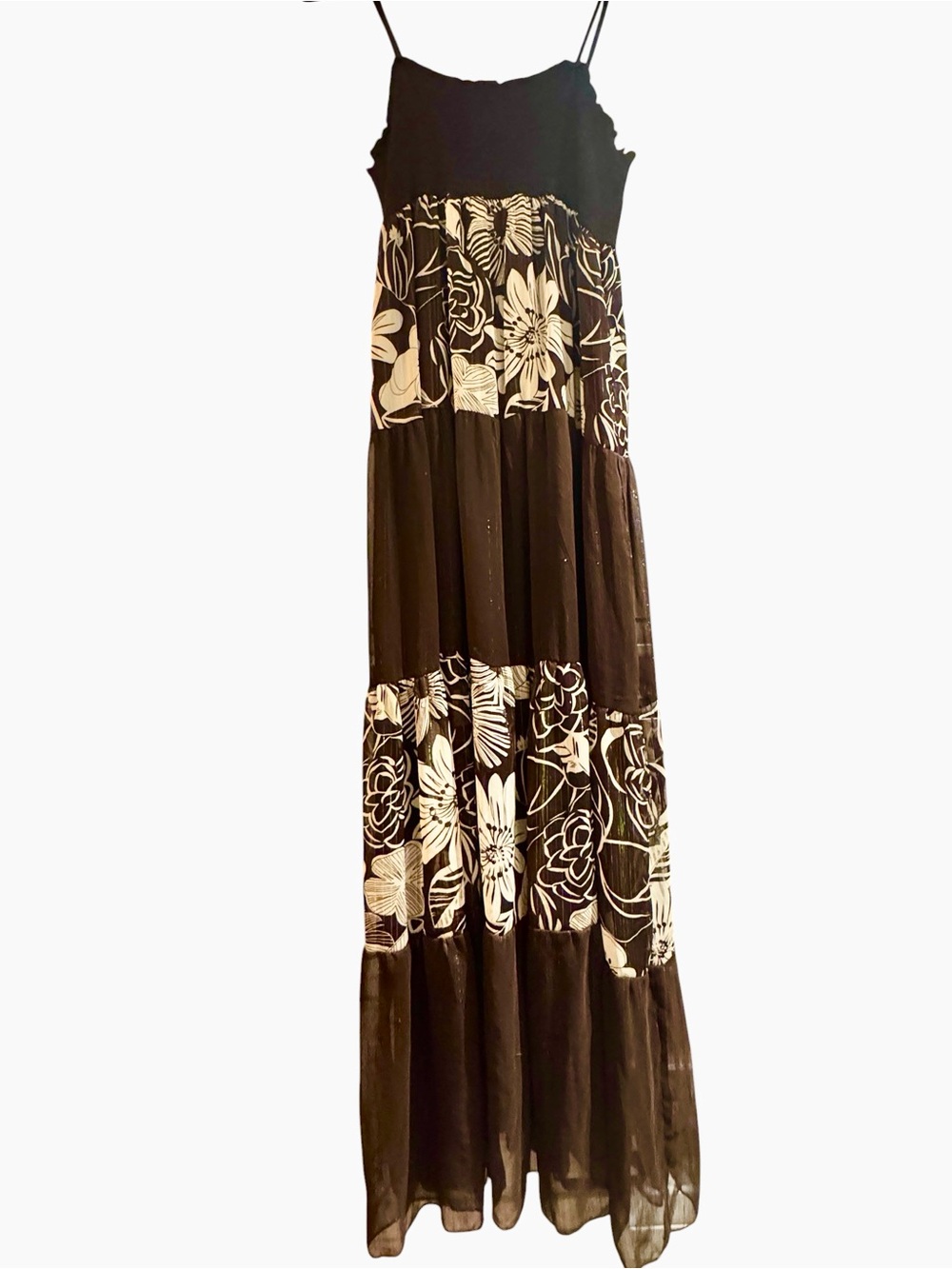 NWOT Brown Hawaiian Floral Print Maxi Sundress w/Adjustable Spaghetti Straps, L - Picture 2 of 8